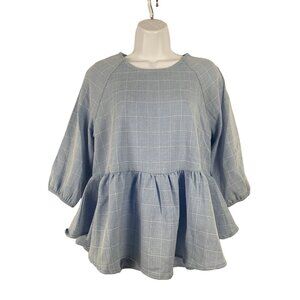 Shein Womens Blue Plaid Peplum Hem Blouse With 3/4 Sleeves Size XS